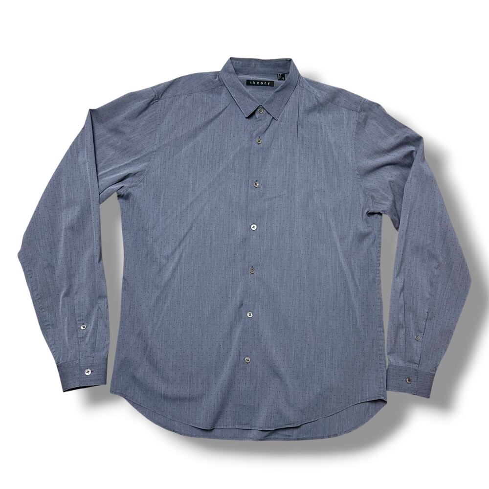 Theory Gray Blue Micro Dot Dobby Lightweight Cotton Long Sleeve Button Shirt M
